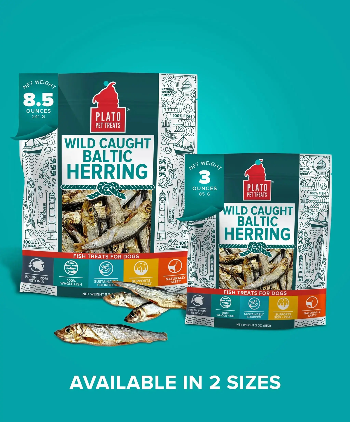Plato Wild-Caught Baltic Herring Dog Treats - Single-Ingredient Whole Fish for Omega-3 Skin & Coat Support - Air-Dried, Grain-Free, High-Protein Natural Treats