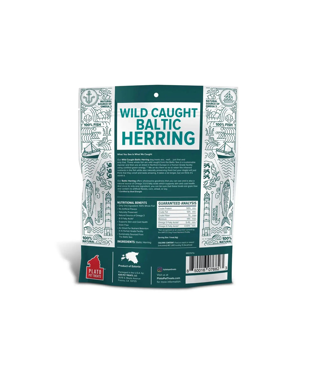 Plato Wild-Caught Baltic Herring Dog Treats - Single-Ingredient Whole Fish for Omega-3 Skin & Coat Support - Air-Dried, Grain-Free, High-Protein Natural Treats