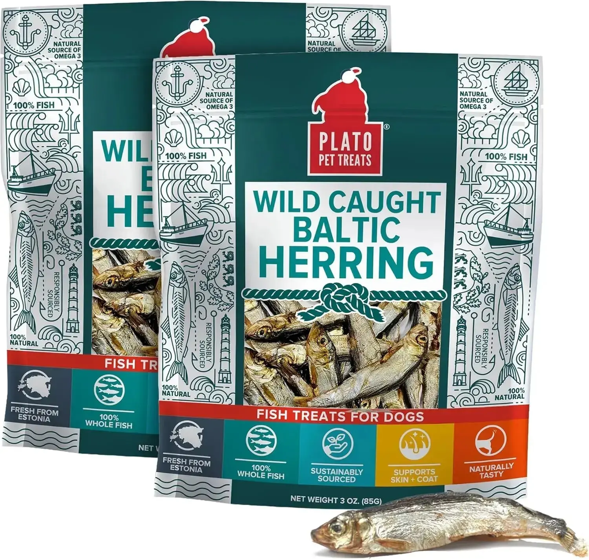 Plato Wild-Caught Baltic Herring Dog Treats - Single-Ingredient Whole Fish for Omega-3 Skin & Coat Support - Air-Dried, Grain-Free, High-Protein Natural Treats