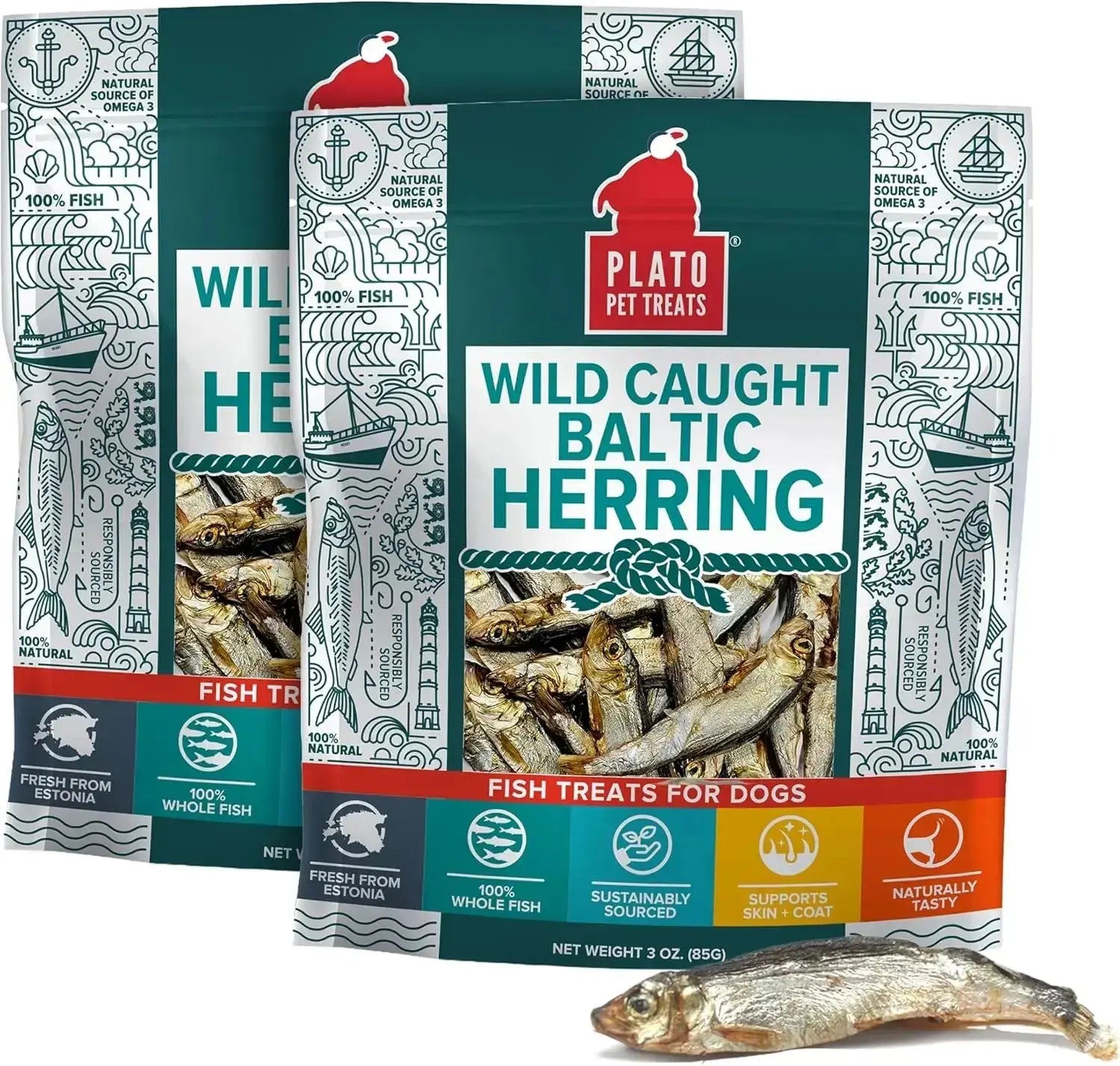 Plato Wild-Caught Baltic Herring Dog Treats - Single-Ingredient Whole Fish for Omega-3 Skin & Coat Support - Air-Dried, Grain-Free, High-Protein Natural Treats