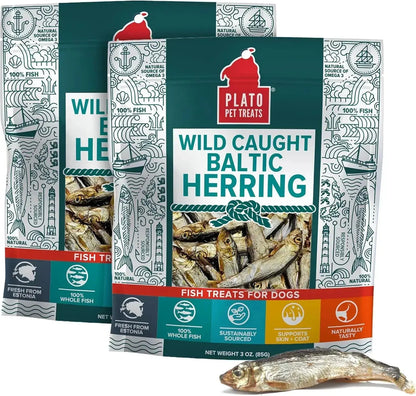 Plato Wild-Caught Baltic Herring Dog Treats - Single-Ingredient Whole Fish for Omega-3 Skin & Coat Support - Air-Dried, Grain-Free, High-Protein Natural Treats