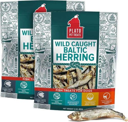 Plato Wild-Caught Baltic Herring Dog Treats - Single-Ingredient Whole Fish for Omega-3 Skin & Coat Support - Air-Dried, Grain-Free, High-Protein Natural Treats