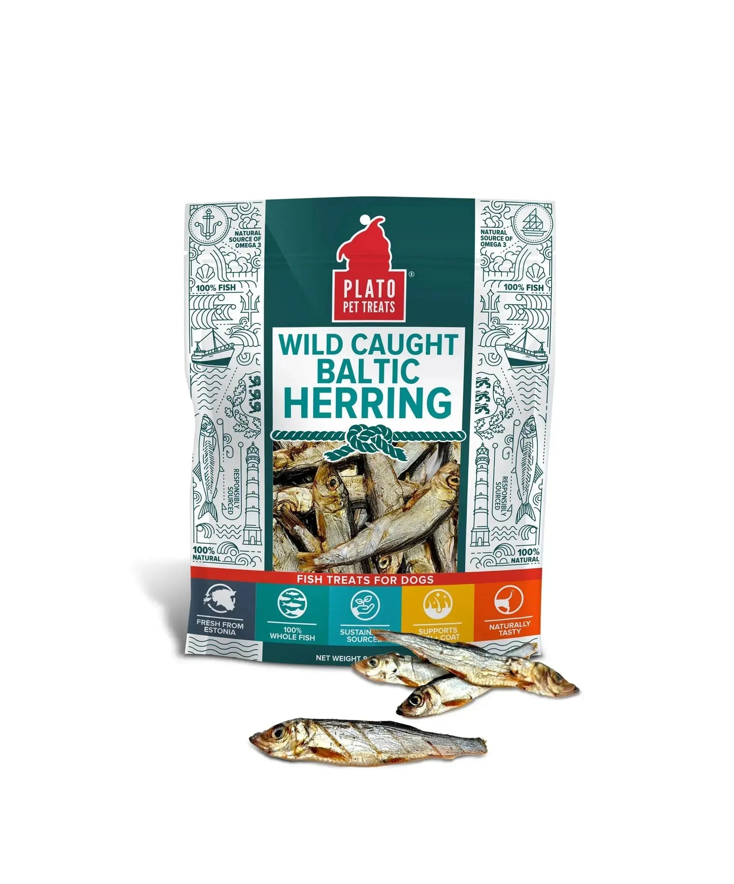 Plato Wild-Caught Baltic Herring Dog Treats - Single-Ingredient Whole Fish for Omega-3 Skin & Coat Support - Air-Dried, Grain-Free, High-Protein Natural Treats